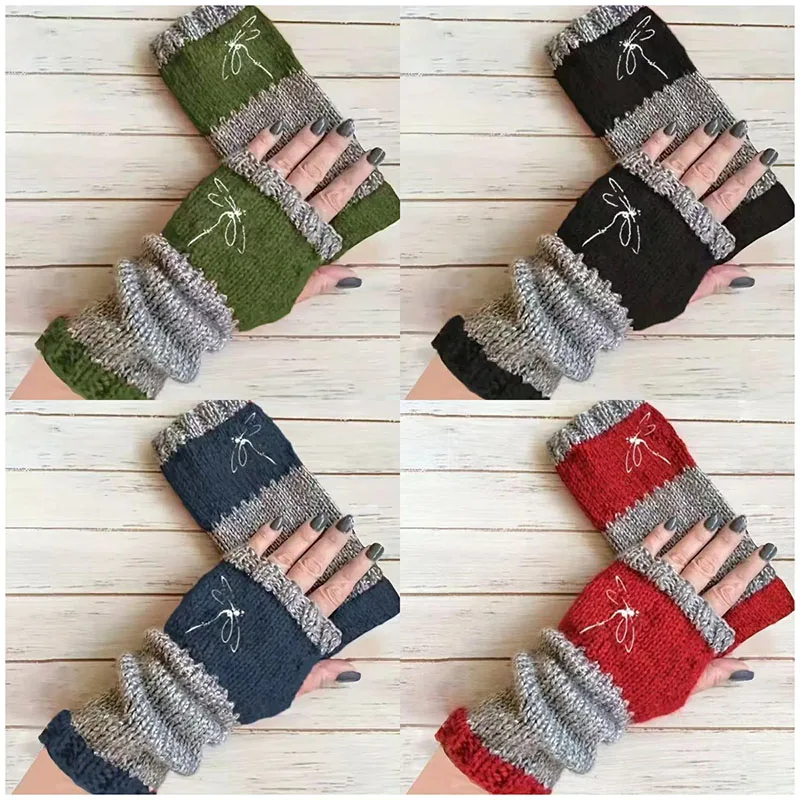 

Elastic Knit Mittens for Women with Dragonfly Embroidery - Touchscreen-Compatible, Warm Fingerless Gloves for Going Out