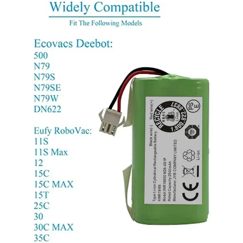 Batería de repuesto de 14,4 V 2600mAh para Conga 990 1090 Tesvor X500 Ecovacs Deebot N79 N79S DN622 Eufy RoboVac 11 11S RoboVac 30