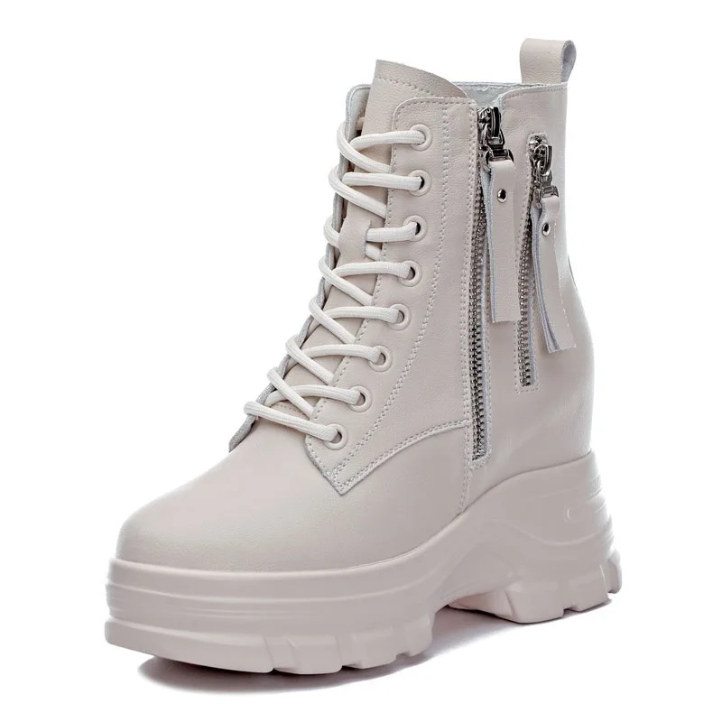 DRKANOL 2026 Autumn Winter Warm Ankle Boots For Women Real Cowhide Solid Color Height Increasing Wedges Platform Short Boots