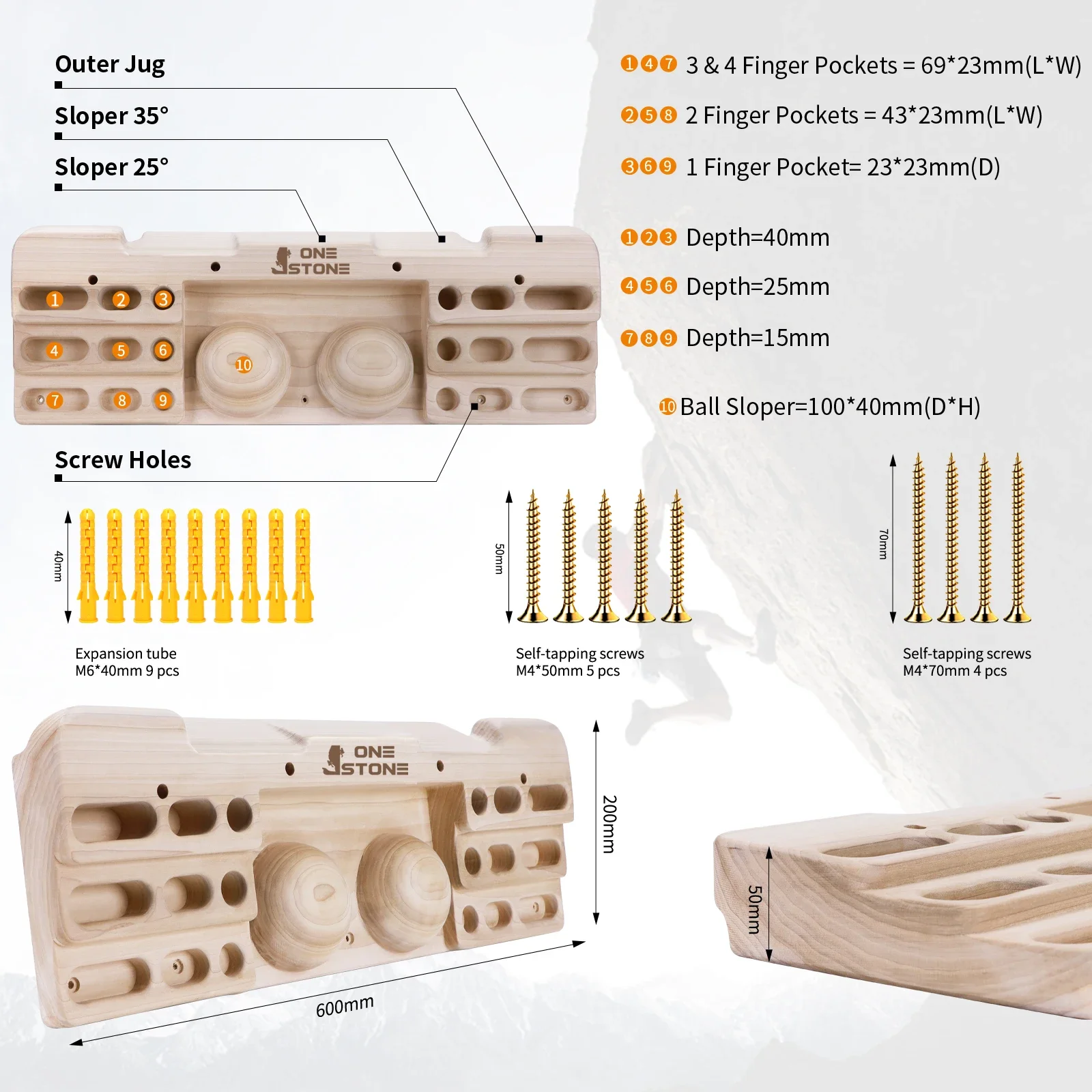 Hangboard for Rock Climbing – Doorway Fingerboard with Jugs, Slopers & Pockets – FedEx Shipping