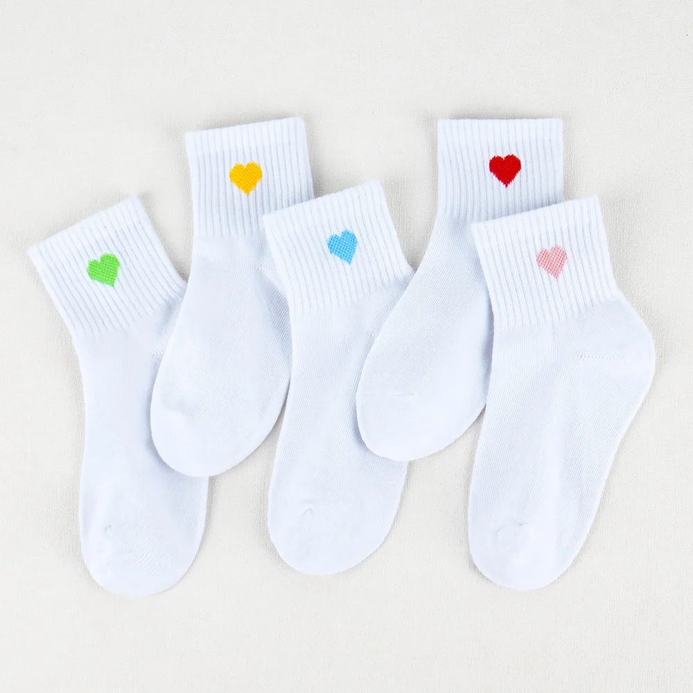 5 Pairs Girls Socks Cute Heart Pattern Comfortable Kids White Socks