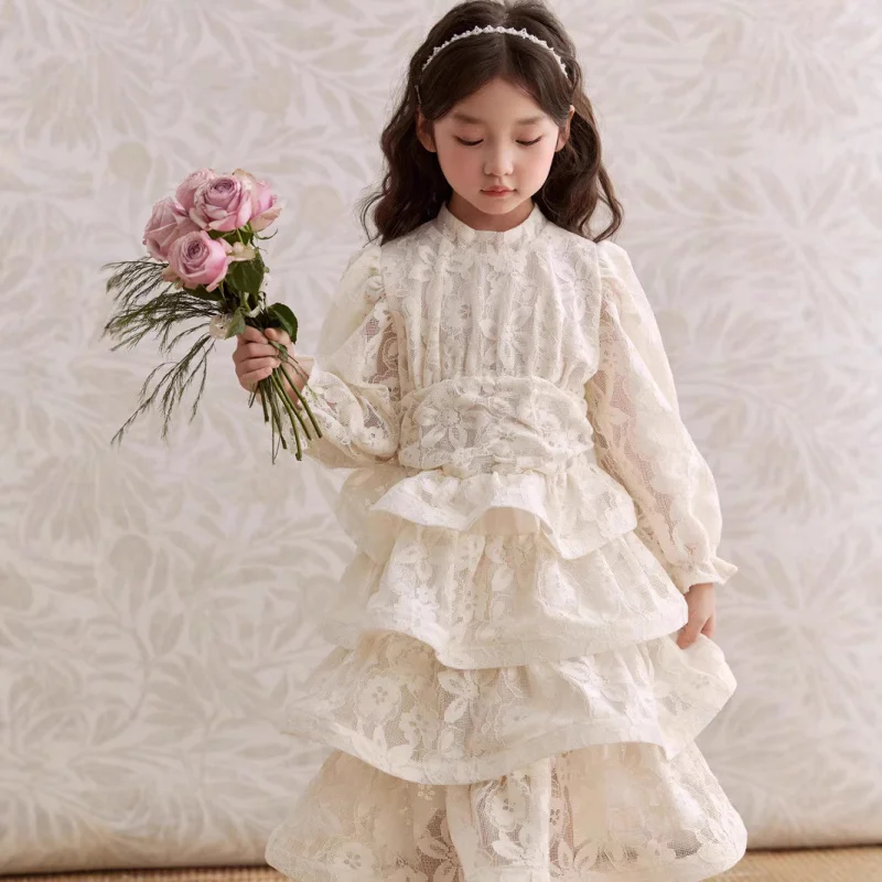 

Spring Girls' French Style Elegant Long Sleeve Dress Niche Retro Palace Style Layered Cake Dress Lace