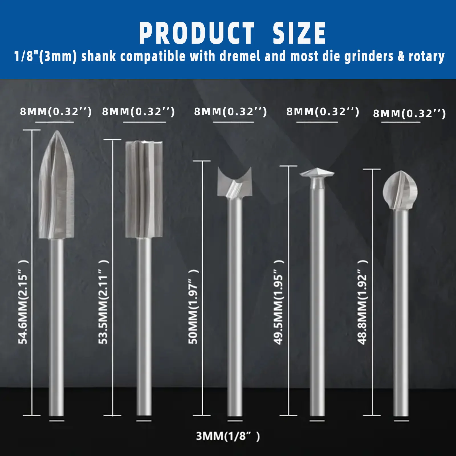 10PCS Wood Carving Drill Bit Set 5 Carving Tools 5 Sharpening Rods 1/8