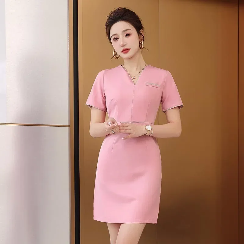 

New Style Beauty Salon Uniform Massage Fashion Pink Dress Nail Technician Beautician Overalls Hotel Club Woman Work Gown