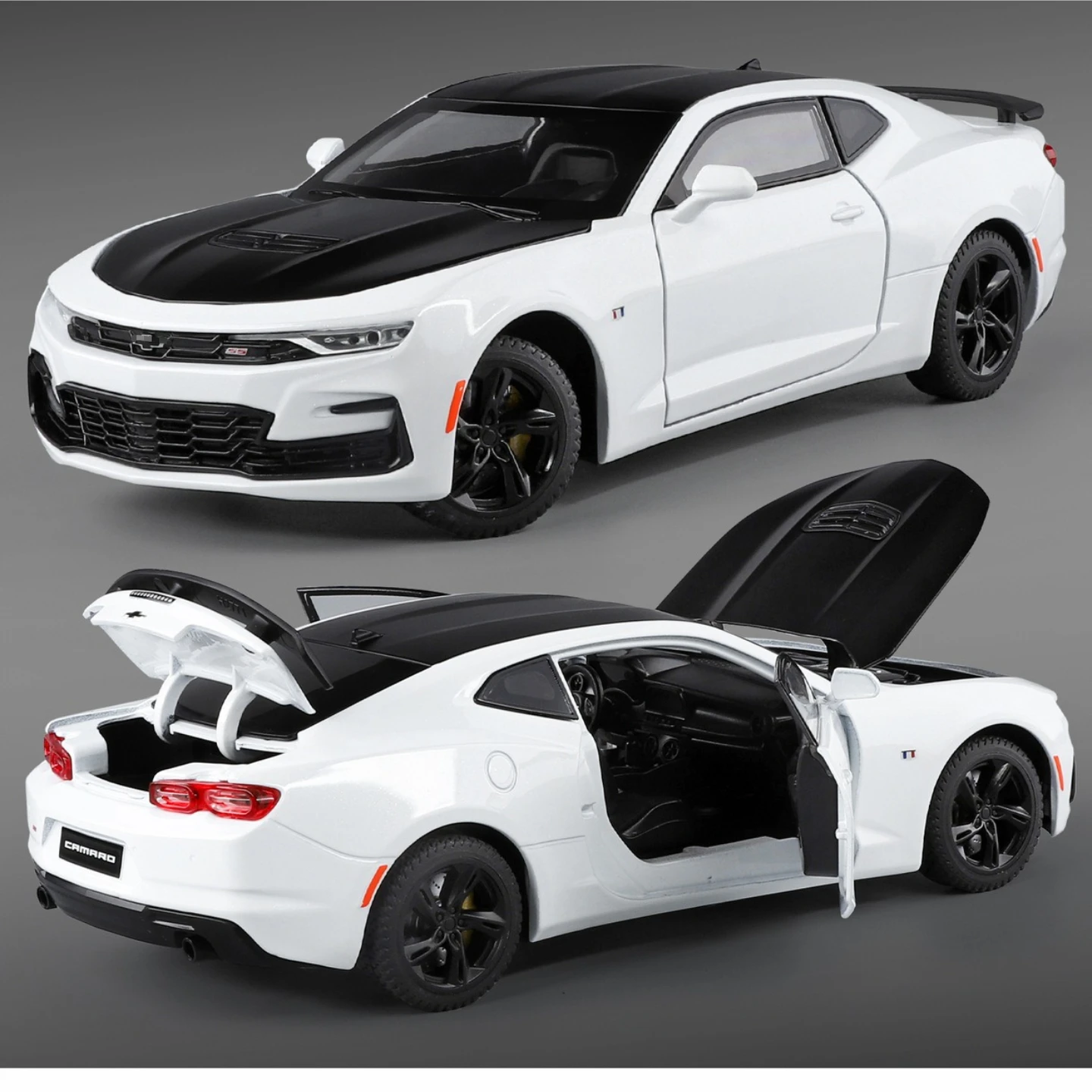 1:24 camaro 2023 brinquedos modelo de carro liga metal fundido com 4 portas abertas som luz puxar para trás veículo para menino presente coleção