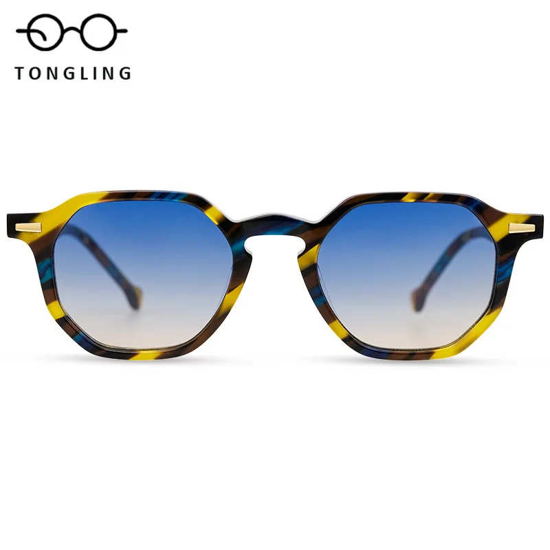2026 High-end Fashion Women Personalized Stripe Handcrafted Acetate Glasses Retro Men Geometric Polygon Outdoor Driving Sunglass