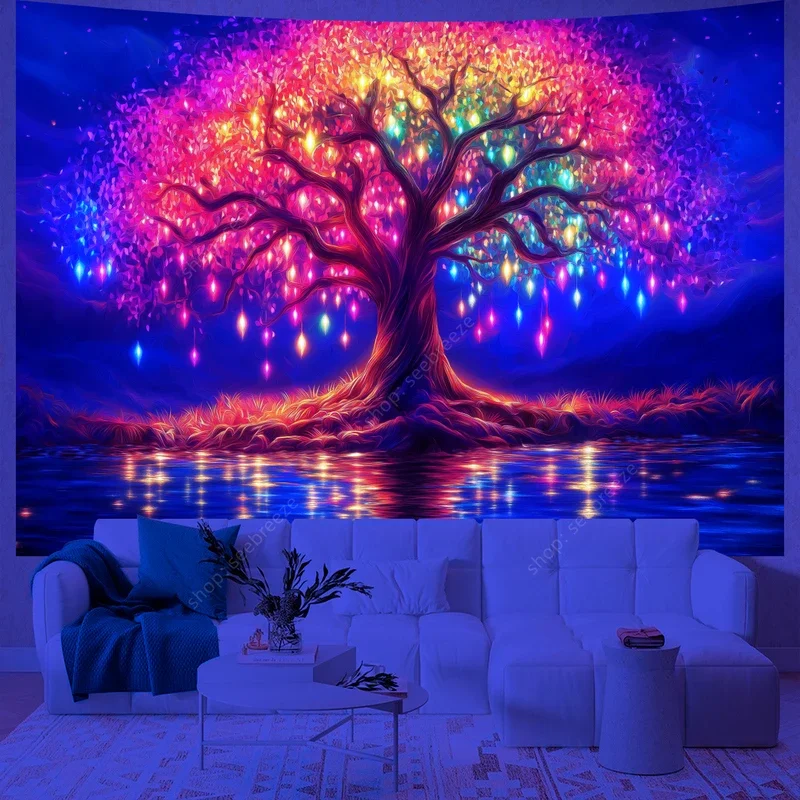 Colorful Rainbow Tree of Life UV Reactive Tapestry Witchcraft Hippie Wall Hanging Bohemian Mandala Art Aesthetic Room Wall De #