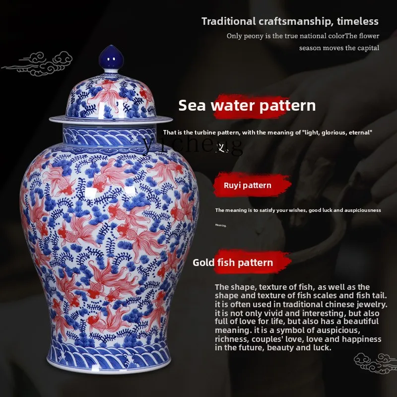 L7-8 ceramic blue and white porcelain vase fish algae pattern living room TV cabinet storage decoration porcelain ornament