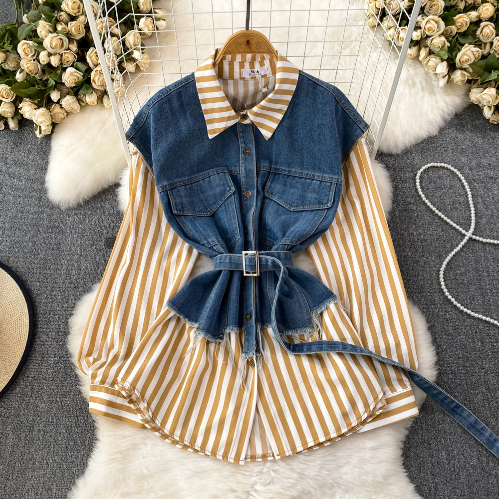 

Spring and Autumn Korean Retro Style Fake Two Loose Denim Vest Spliced Striped Shirts Women's Casual Irregular Top