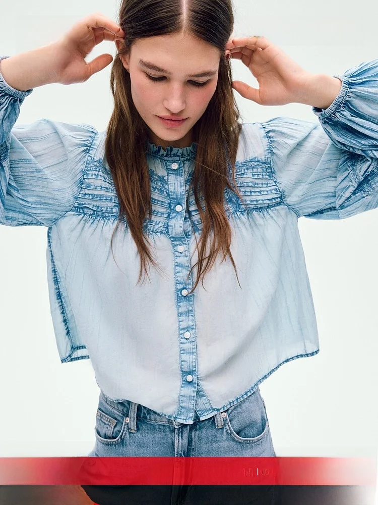 

H&M Retro Style Women's Cotton Denim Shirt Summer New Arrival Loose Fit Long Sleeve Button up Floral Collar Traditional Design