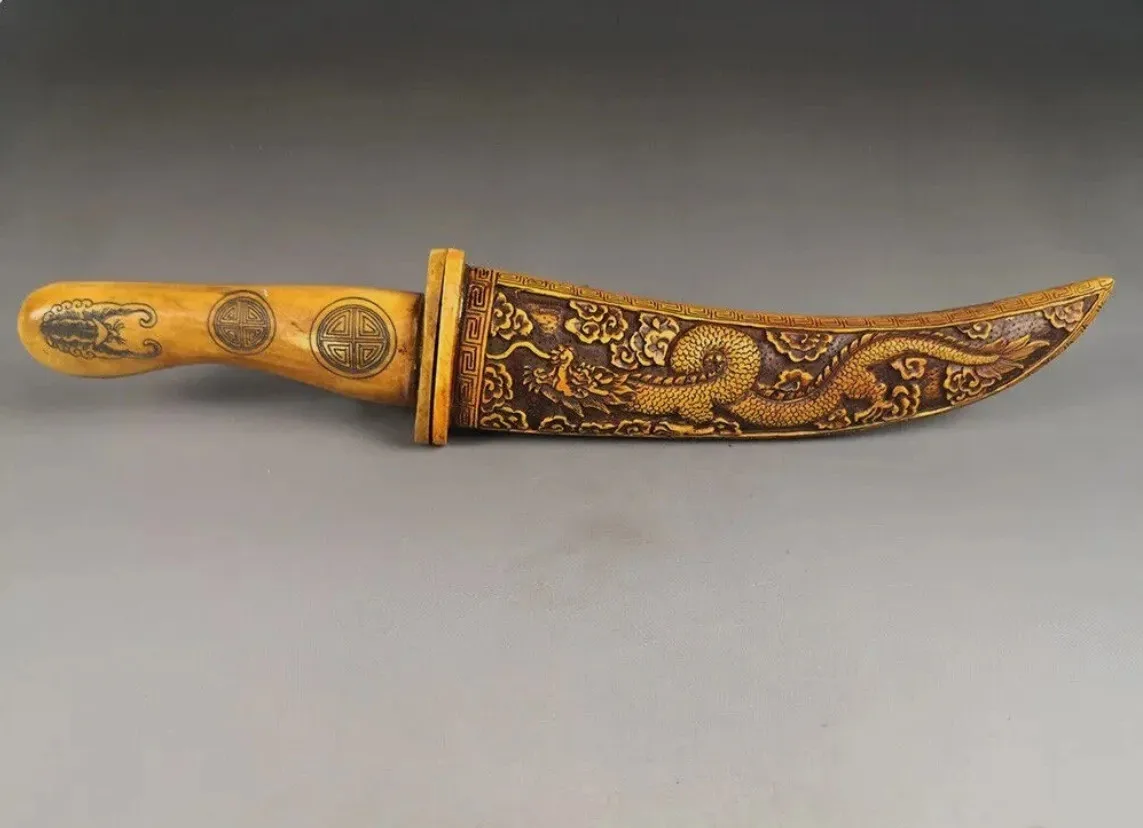 Rare ancient Chinese Hand Carved Buffalo Bone knife dragon and phoenix