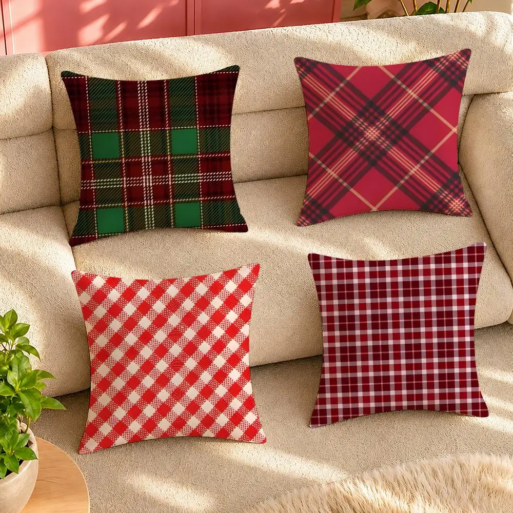Red-Toned Vintage Plaid Cushion Cover Pillow Cover Decorative Throw Couch Home Decor for Living Room Sofa