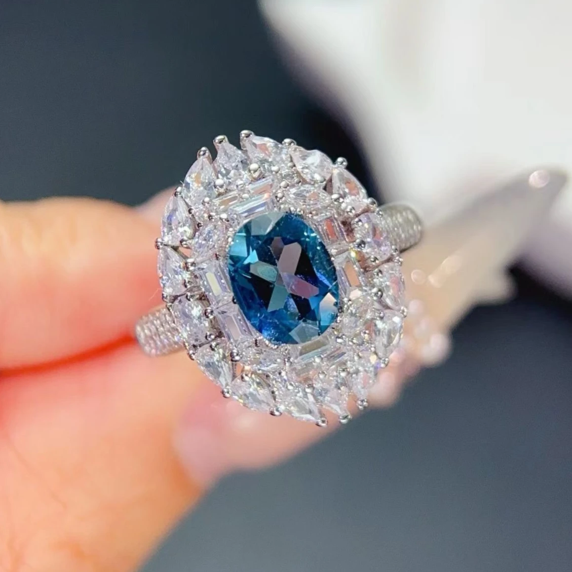 

Genuine London Blue Topaz Ring 5mm*7mm 1ct Natural Topaz Ring with Certificate Birthday Gift for Women