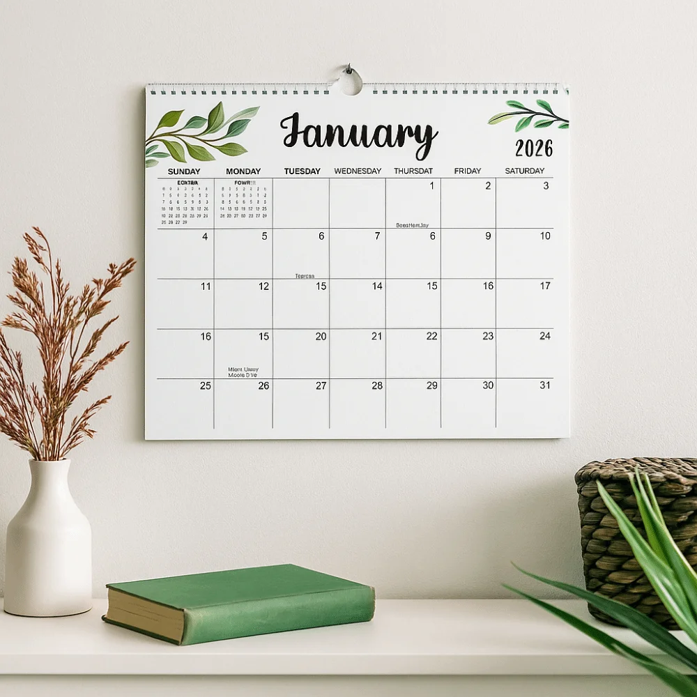 ปฏิทินลายใบไม้ 18 เดือน แบบสันห่วง พกพาสะดวก สไตล์มินิมอล รูปทรงสี่เหลี่ยม ปฏิทินรายสัปดาห์ สำหรับสำนักงาน