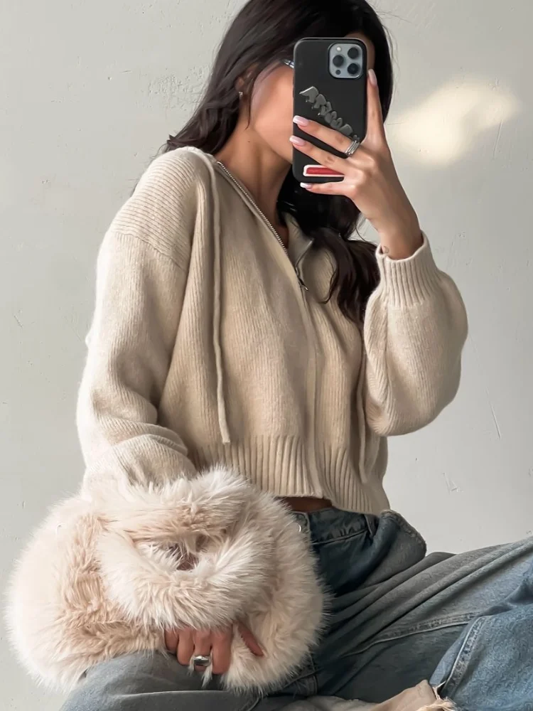 

Women Chic Knitted Zipper Solid Color Hooded Cardigan Loose Long Sleeve Coat Office Commute Autumn Outerwear Design 2025