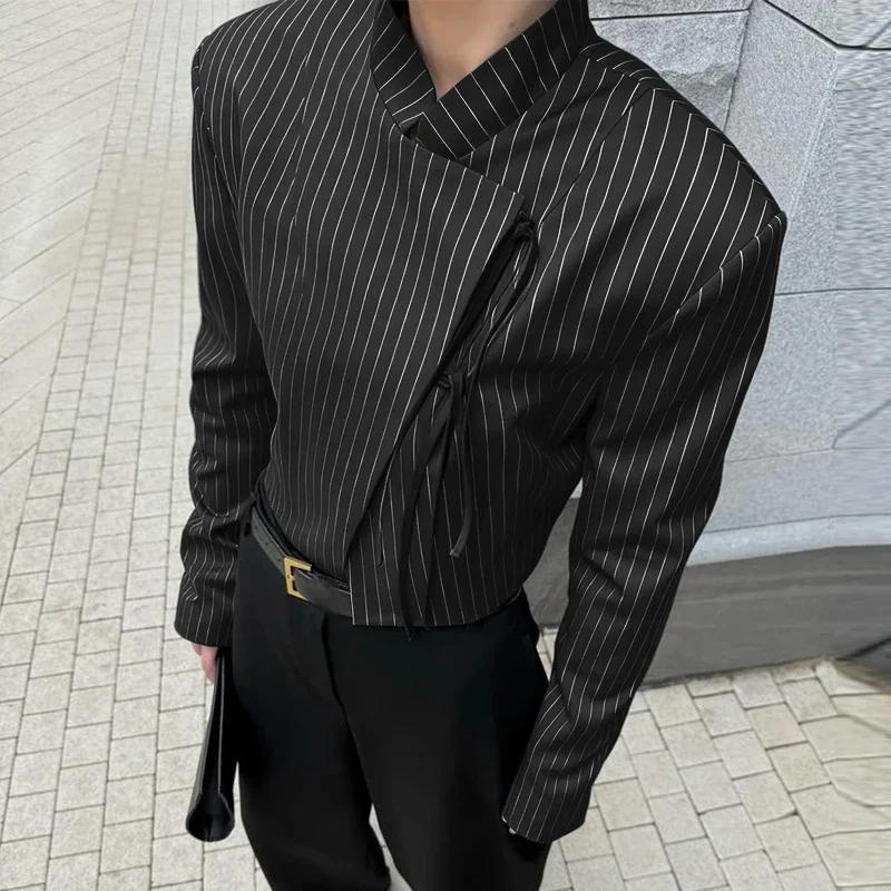 INCERUN Men Striped Blazer Stand Collar Long Sleeve Lace Up Casual Thin Crop Coats Men Streetwear 2025 Fashion Male Suit S-3XL