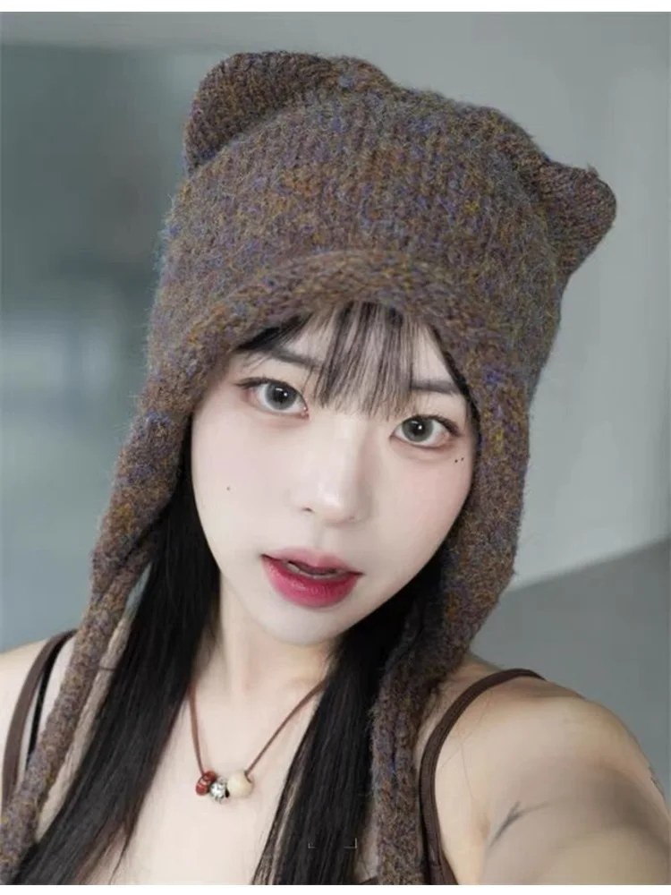 Winter Hat For Women Men Skullies Beanies Solid Color Korean Cute Cat Ear Warm Wool Ear Protection Knit Pullover Strap Cap Y2K