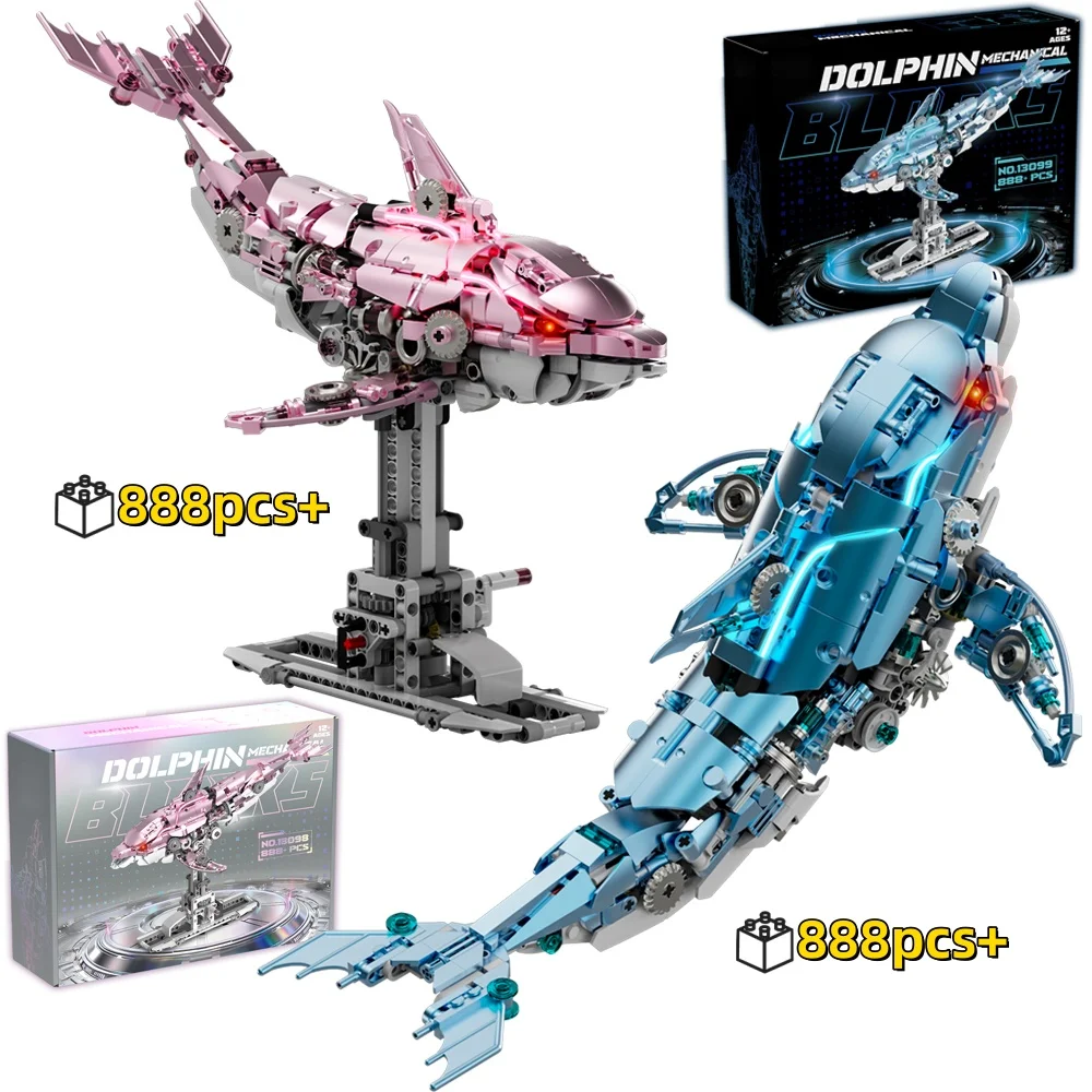 Mechanical Creative Marine Animal Building Blocks Set  Dolphin with Light Linkage Assembly Model Birthday Gifts For Kids 888Pcs