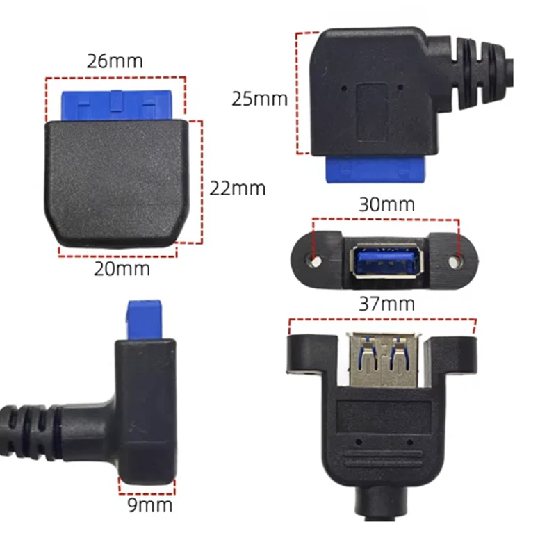 New 0.3m 90 Degree Elbow 5Gbps 20Pin Female  to USB 3.0 Female Threaded Installation Cable for Computer Motherboard Installation