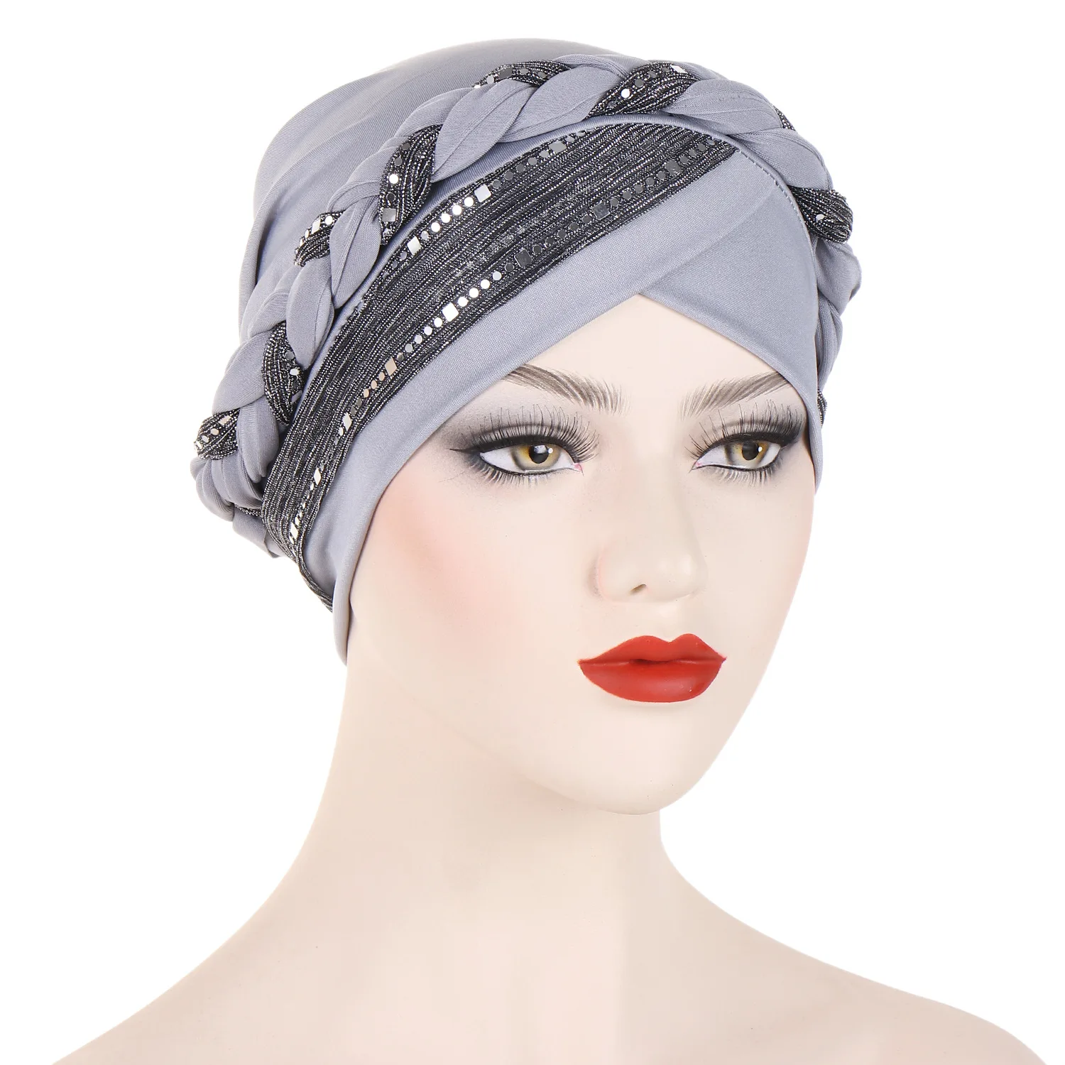 Solid Color Sequin Braided Hijab Turban Cap Ramadan Headwrap Elegant Head Scarf Lightweight Bonnet Beanies