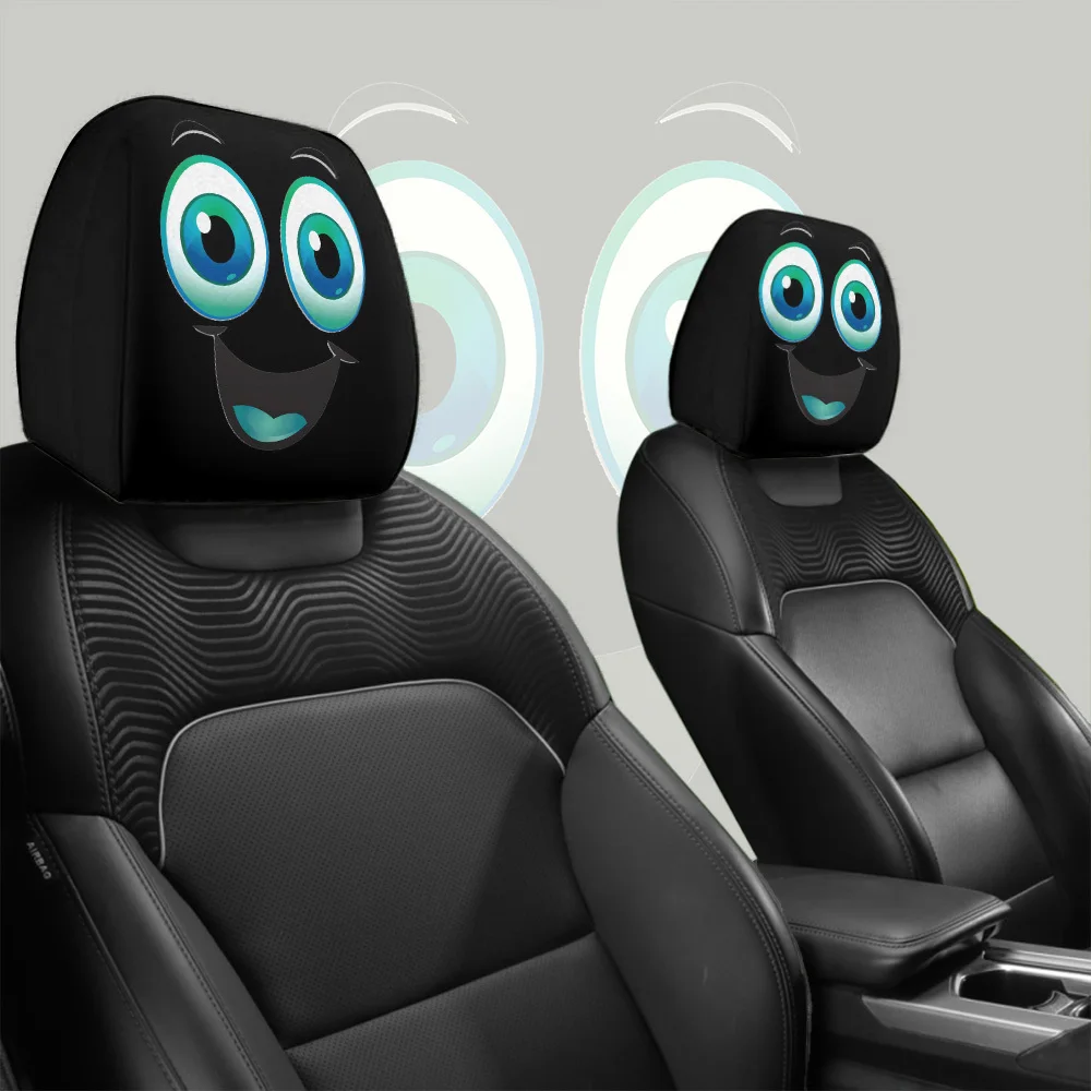 Two-piece cartoon fluorescent big-eye smiley face printed car headrest cover, washable, extendable and easy to install