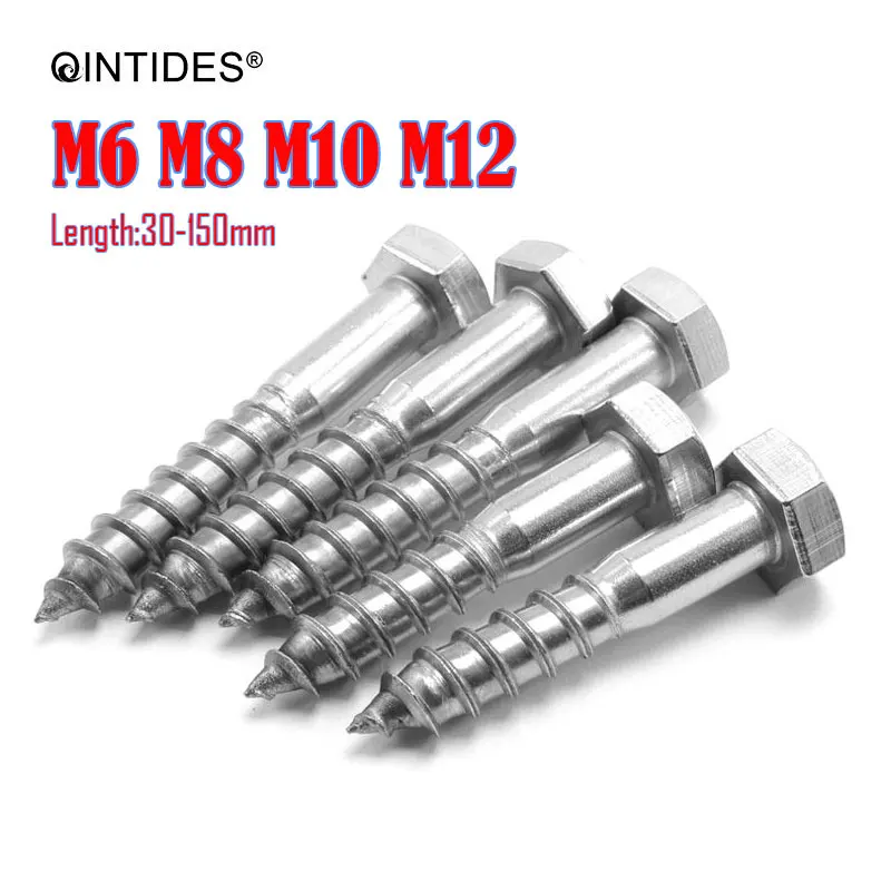 2/40 Pieces Hexagon Head Wood Screws Self-Tapping External Hex Screw Stainless Steel M6 M8 M10 M12 Various Lengths 30-150mm