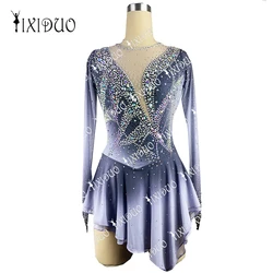 Adult Kids Ice Figure Skating Dress Rhinestone Crystal Long Sleeve Performance Wear Girls Competition Practice Skating Clothes