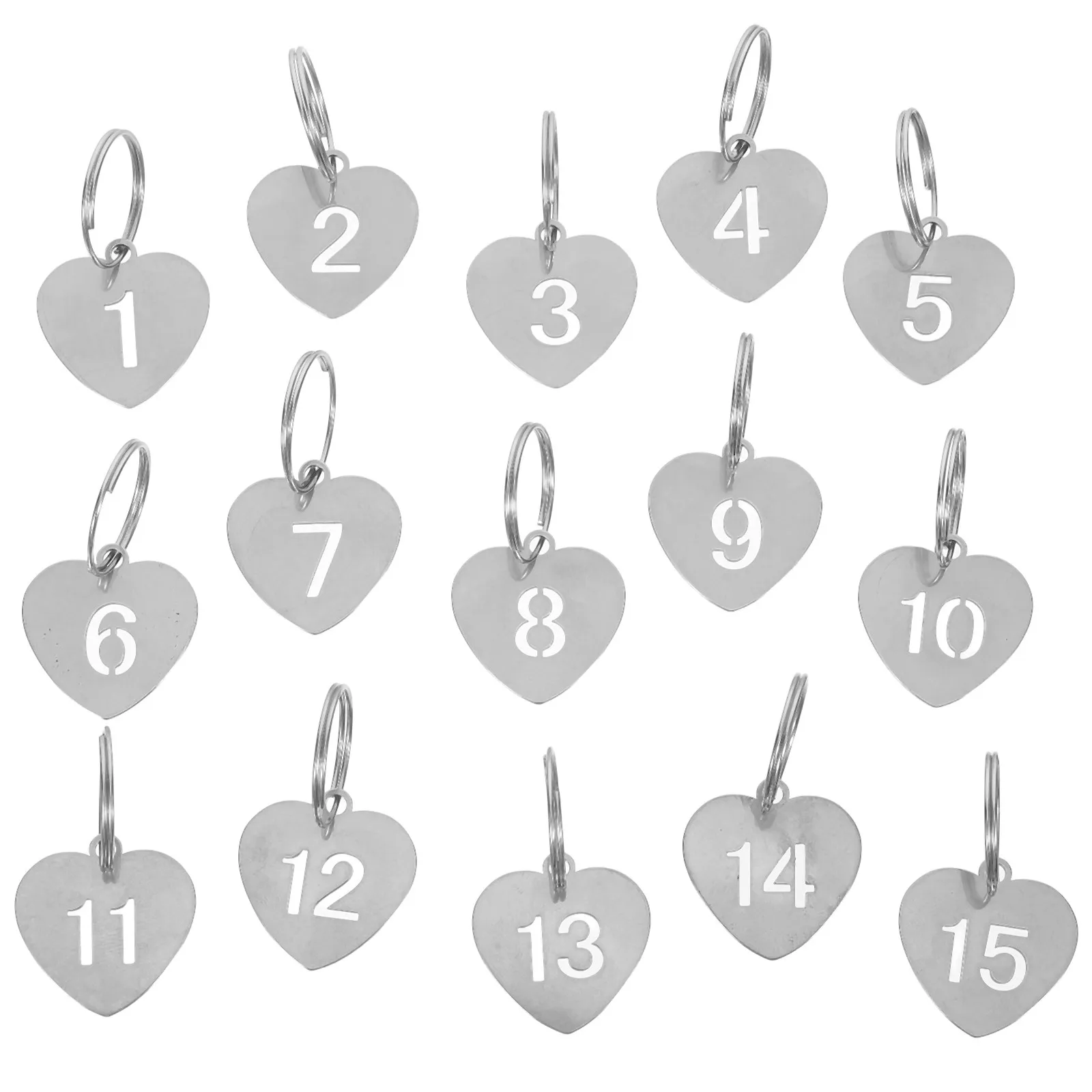 15pcs Metal Numbered Tags Stainless Steel Number Id Key Tags Hollow Heart-shaped Number Plate Keychain Key Rings Rings Id Label