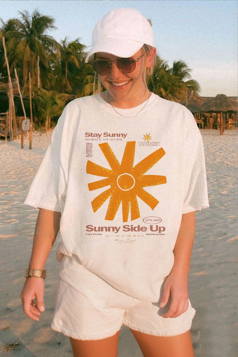 

Sunny Side Up Pattern Printed T-Shirt Cartoon Vacation Leisure O-Neck New Women's Top Basic Versatile Clothing Women's T-Shirt