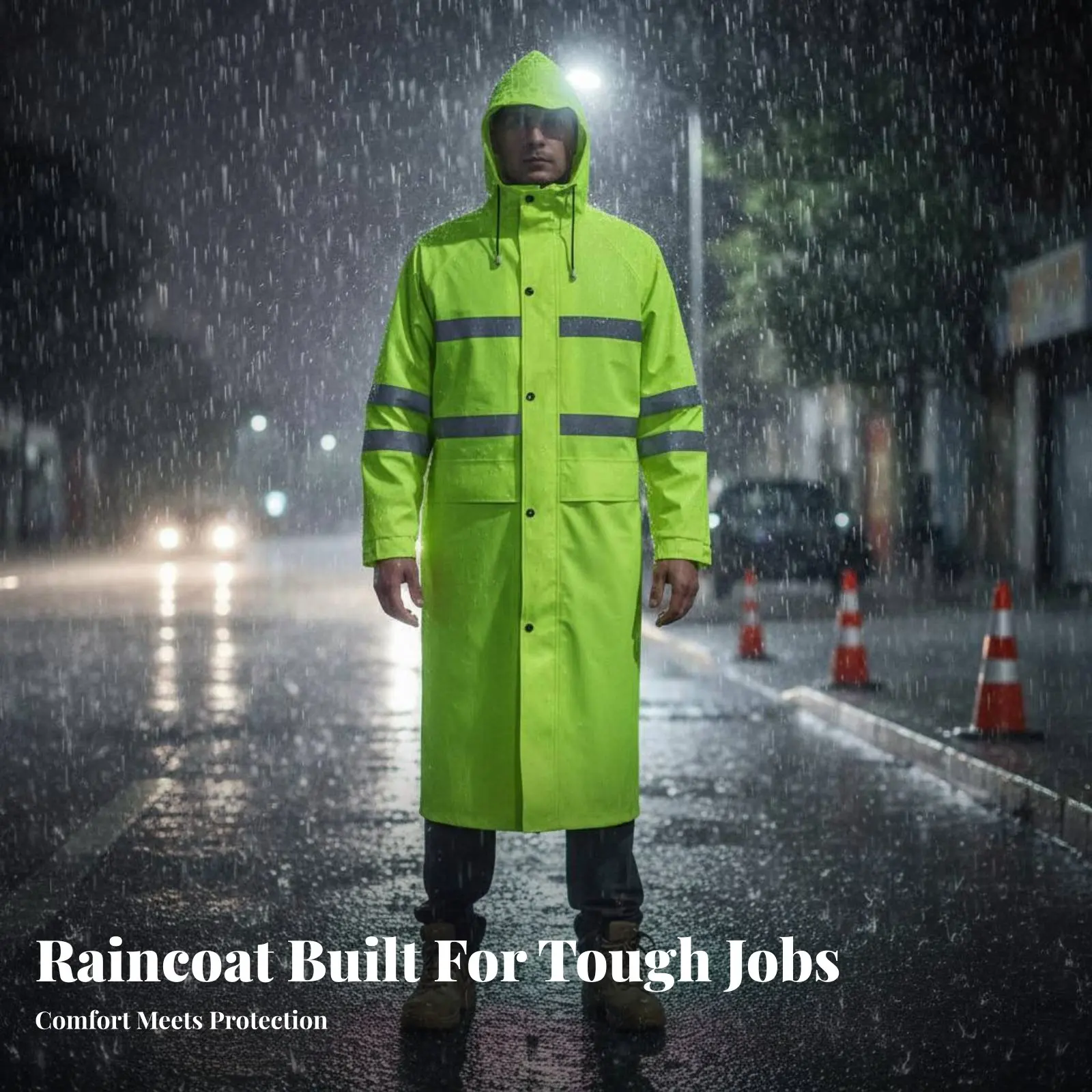 Reflective Safety Raincoat With Hood High Visibility Rain Coat Long Raincoat Sturdy Duty Waterproof Long Coat Long-Lasting