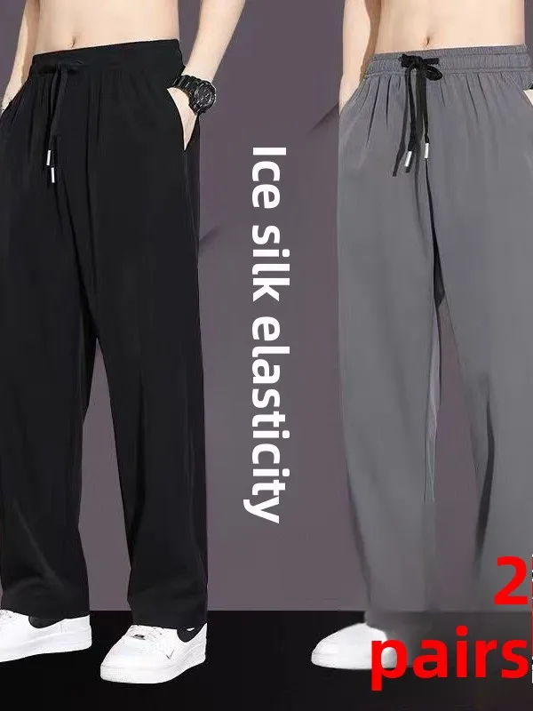 

Men's Ice Silk Pants Summer Thin Straight Loose High Elastic Quick Dry Air Conditioning Sports Sun Protection Casual Long Pants