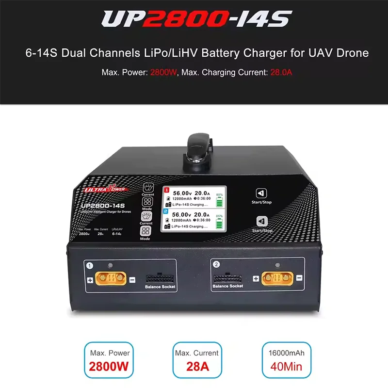 ULTRA POWER UP2800-14S 2X1400W 28A 6-14S LiPo/LiHV Bateria UAV Drone Carregador 2 vendido