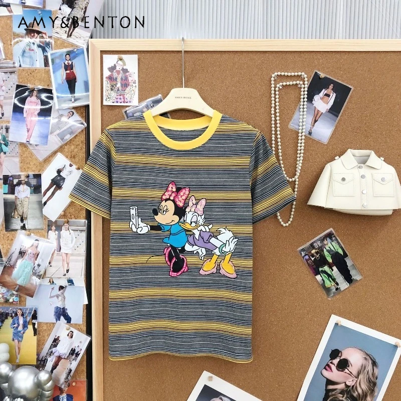 

American Retro Contrasting Stripes Pure Cotton Top Handmade Beads Cartoon Printing O-Neck Short-sleeved T-shirt Women's Y2k Tees