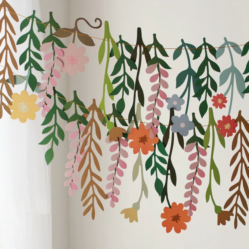 

Leaves Flowers Garland Paper Banner Spring Happy Birthday Party Decoration Supplies Kids Girls Favors Home Wall DIY Hanging Flag