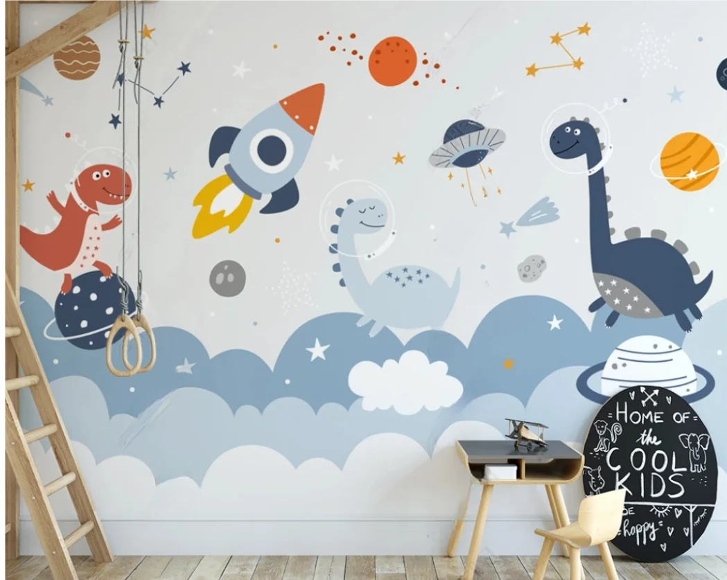 Papel tapiz de tamaño personalizado, mural de pared de fondo de sala de niños con dibujos animados pintados a mano nórdicos, planeta espacial, decoración 3d