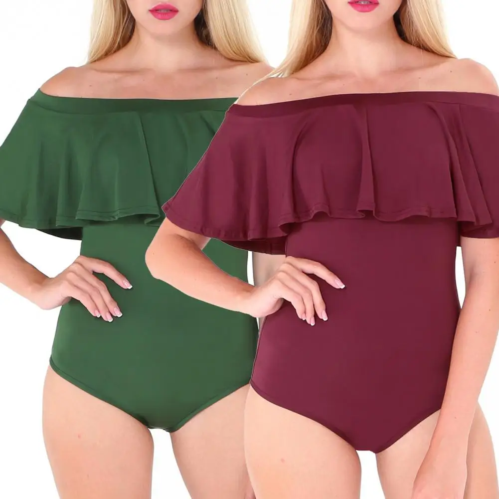 One-piece Women Swimsuit Off Shoulder Ruffles Temperament High Waist Swimwear Solid Color Wire Free Bathing Suit For Beach