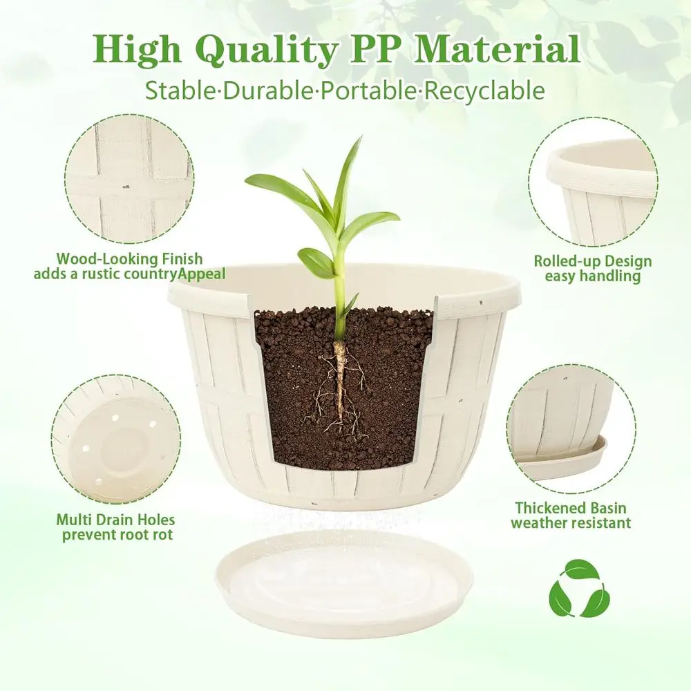 10 Inch Plastic Lower Pots for Indoor Plants, 4 Pack Large Outdoor Planters with Drainage & Saucers, Wine Barrel Style, Suitable
