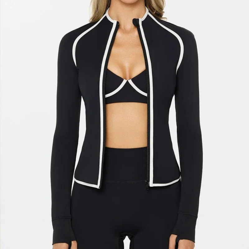 Zipper Jacket Stand Collar Long Sleeve Yoga Coat Line Sense Body Shaping Nude Feel High Waist Fitness Sports Cycling Suit
