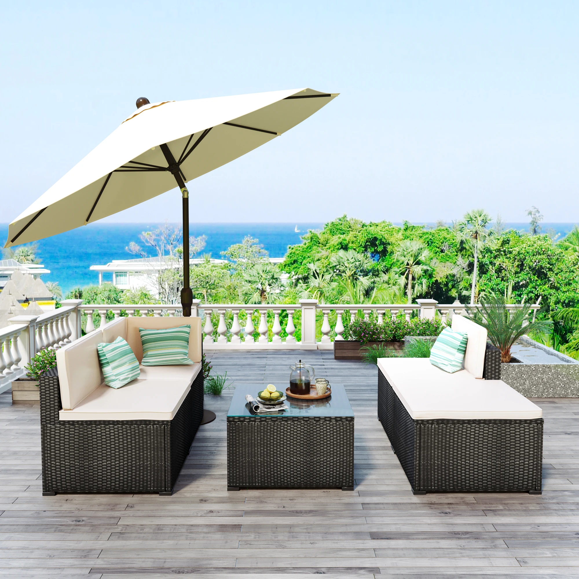 5-stück Terrasse Rattan PE Wicker Möbel Ecke Sofa Set Terrasse Möbel Set Für Hinterhof Veranda Pool,