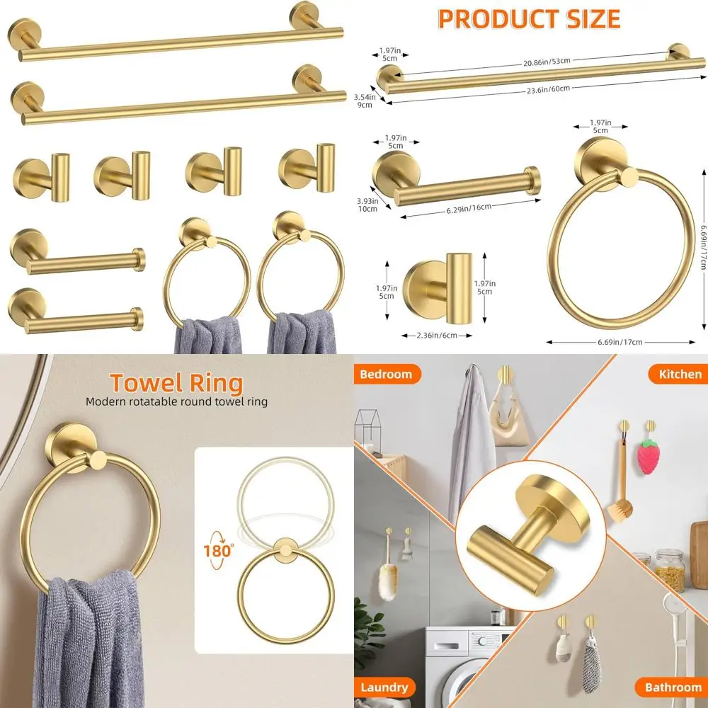 

Gold Bathroom Hardware Set - 10-Piece Brushed Gold Towel Bar and Rack, Premium Stainless Steel Accessories for Modern Bathroom D