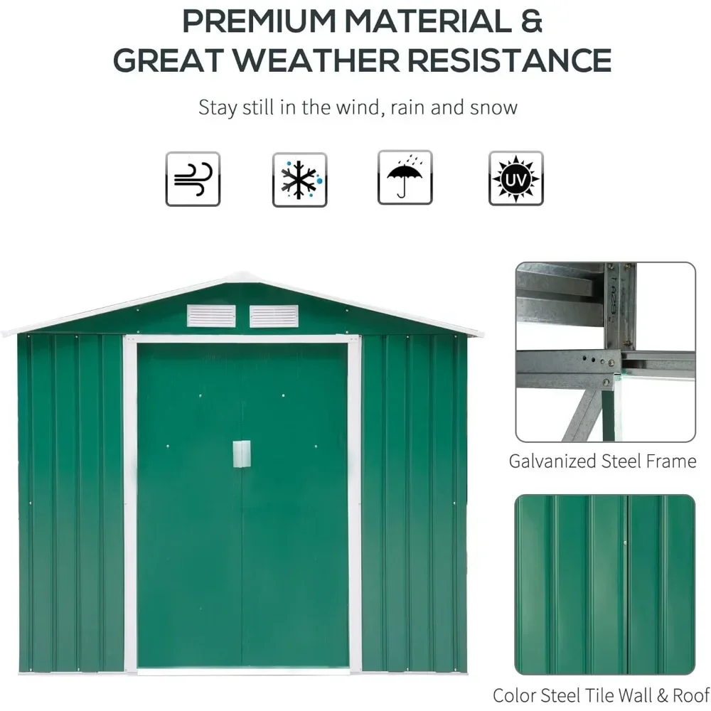 Outdoor Storage Shed, Garden Tool House with Foundation, 4 Vents and 2 Easy Sliding Doors Green, 7' x 4' Storage Shed