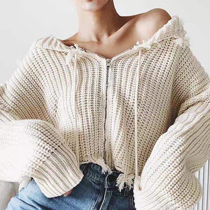 

Solid Color Hooded Top Tassel Sweater Zipper Loose V-neck Autumn and Winter Women's Sweater Coat