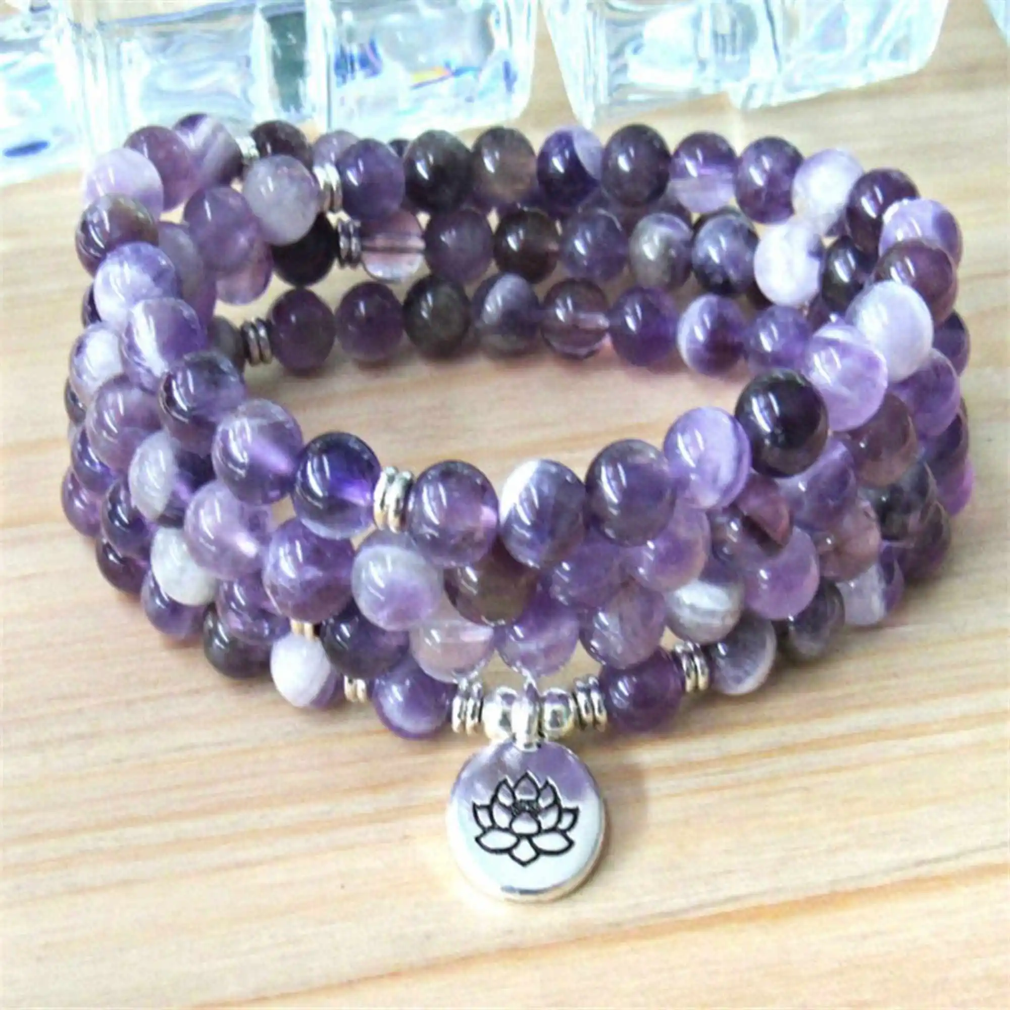 6mm Amethyst 108 Beads Lotus Pendant Spirituality Pray Bracelet Bodhi TrendyMeditation Women Karma Men Prayer