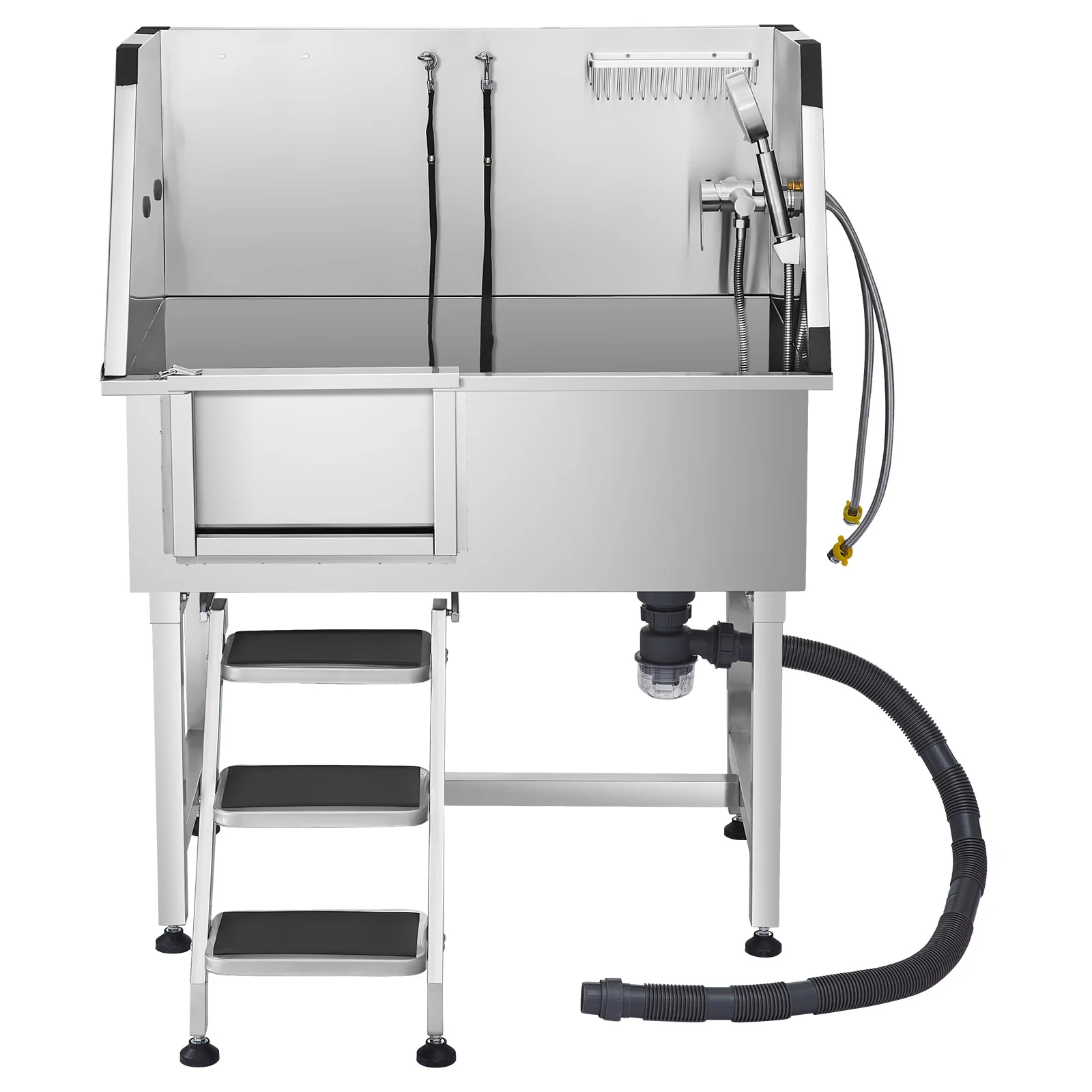 

SucceBuy Stainless Steel Dog Washing Station 38in Pet Grooming Tub w/ Storage Stairs Faucet & Showerhead&Soap Holder Dog Bathtub