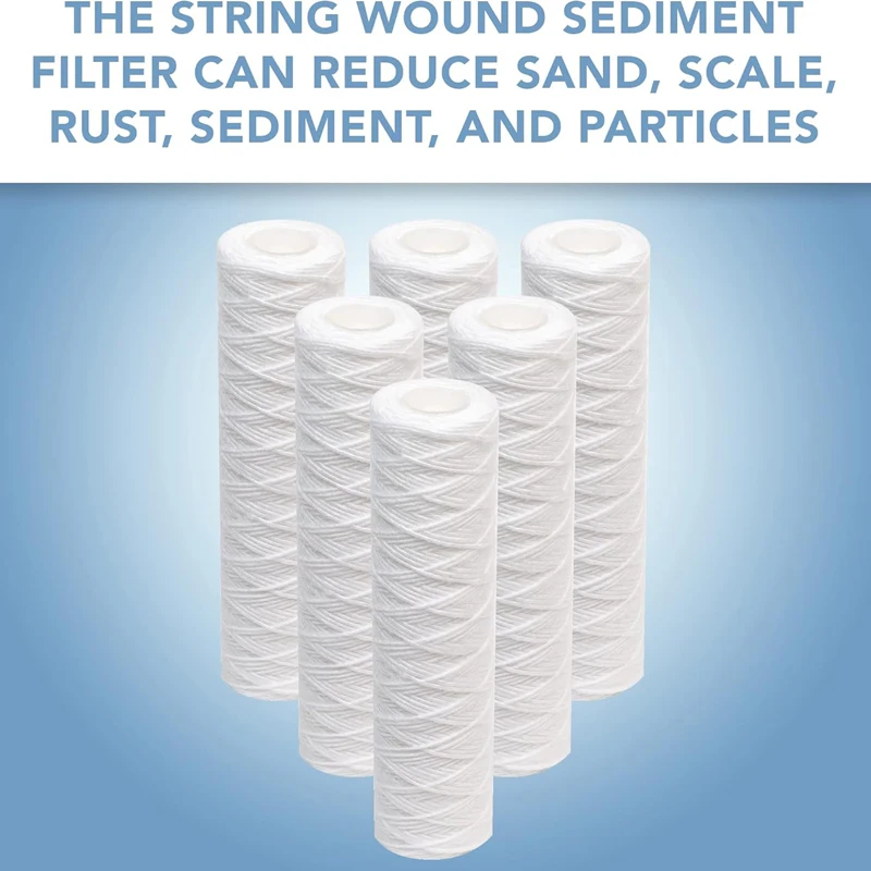 6Pcs 5 Micron String Wound Sediment Water Filter Cartridge 10 x 2.5 Inch PP Yarn Replacement for RO Water Purifier System