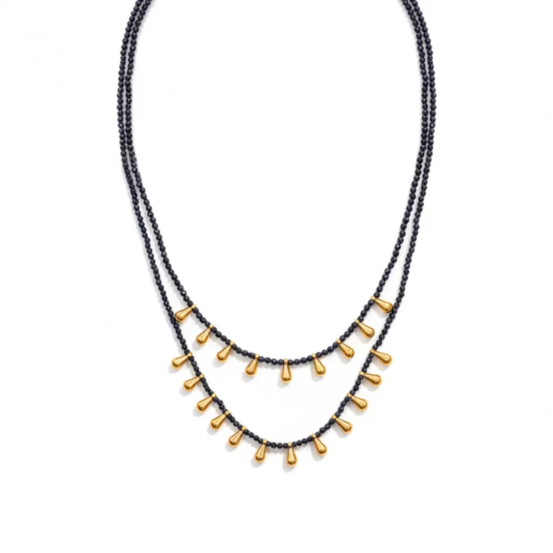 Litheline 24K Gold Plated Brass Double-Layer Black Bead Necklace, Anti-Tarnish Everyday Bold Modern Jewelry view 6