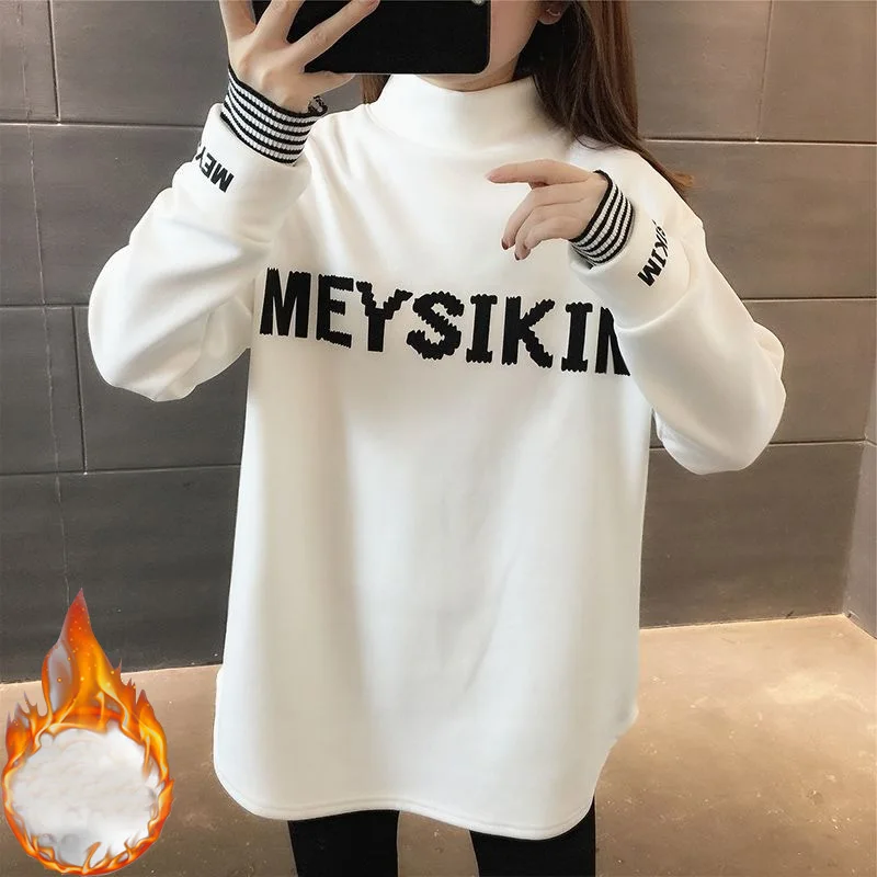 harajuku letter print Thicken women Long Sleeve T shirt autumn Winter casual oversized T-shirts warm Velvet y2k Tops streetwear