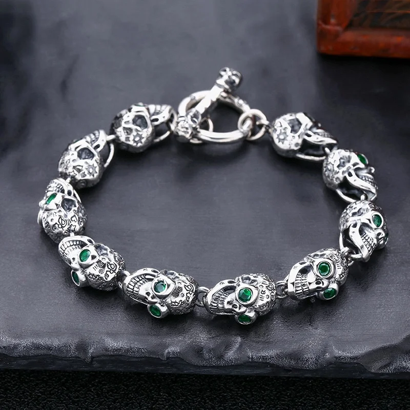 Real S925 Sterling Silver fashion brand graffiti set diamond personality skull bracelet overbearing fashion men's hand jewelry