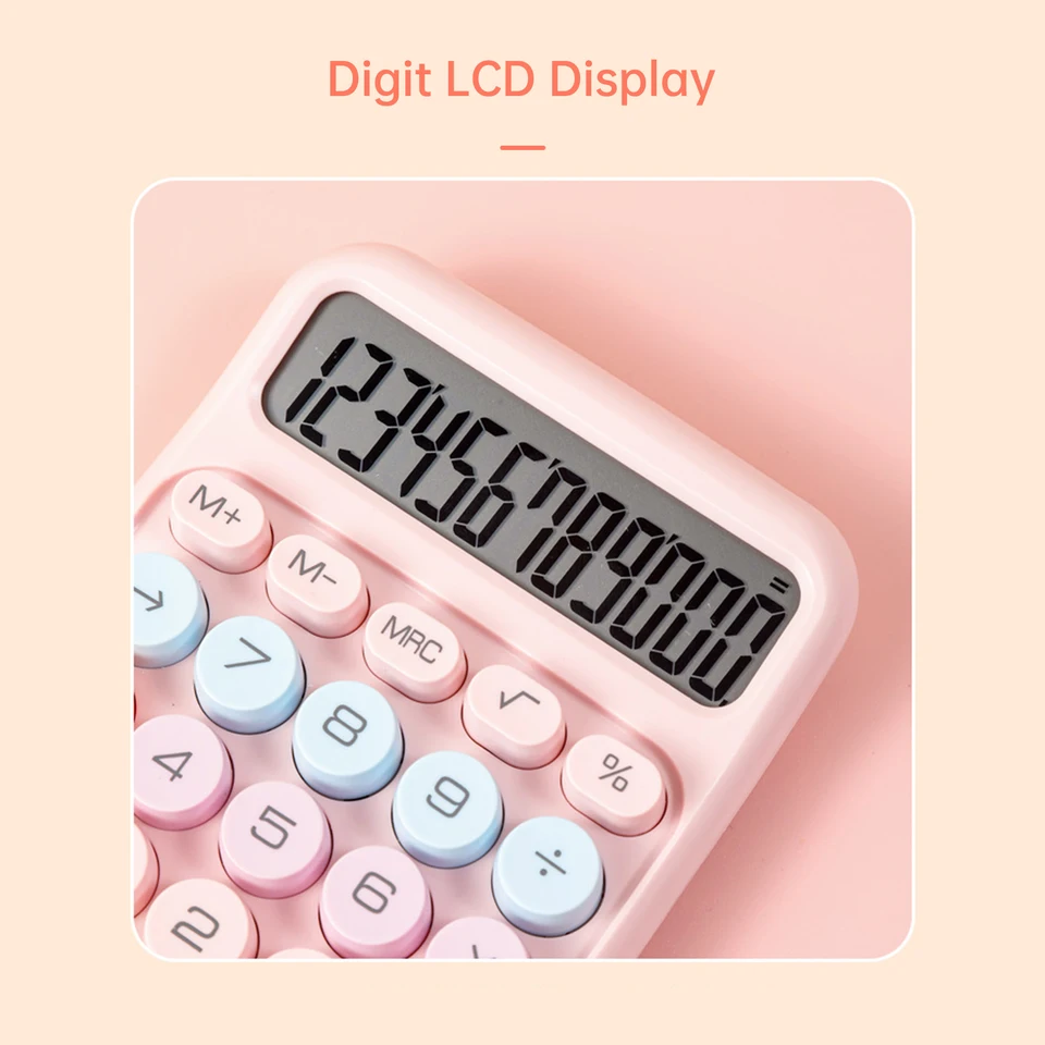 Calculatrice De Bureau Violette Colorée - Grand Écran LCD 12 Chiffres, Gros Boutons Ronds Mécaniques - Bonbon Style