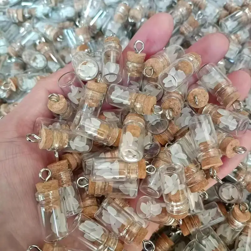 10Pcs Mini Glass Bottle Charm Pendant With 7 Rice Grains Cork Lids Wishing Bottle For DIY Keyring Craft Jewelry Making Accessor
